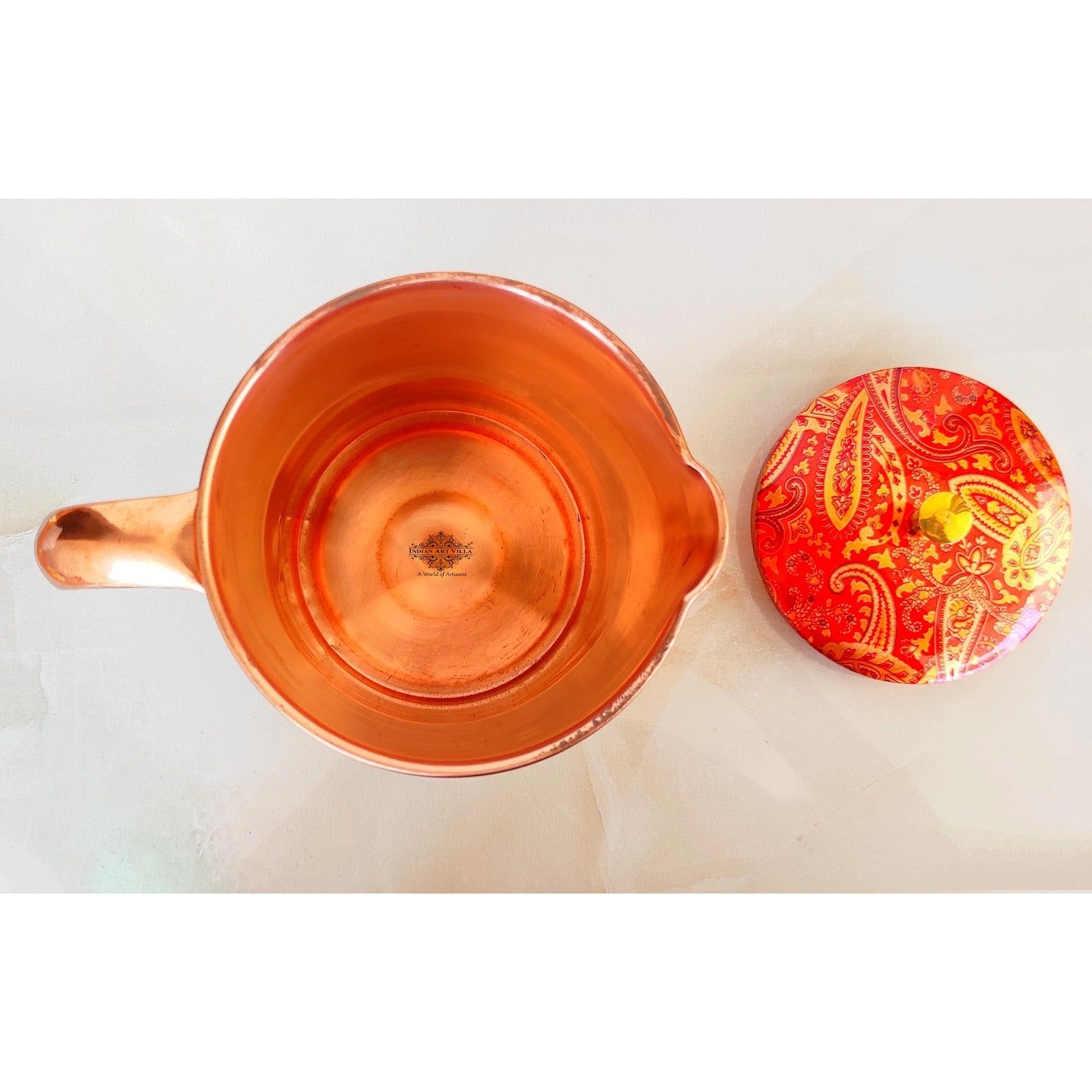 Pure copper paisley printed design jug with brass knob on lid medallion, 1500 ML